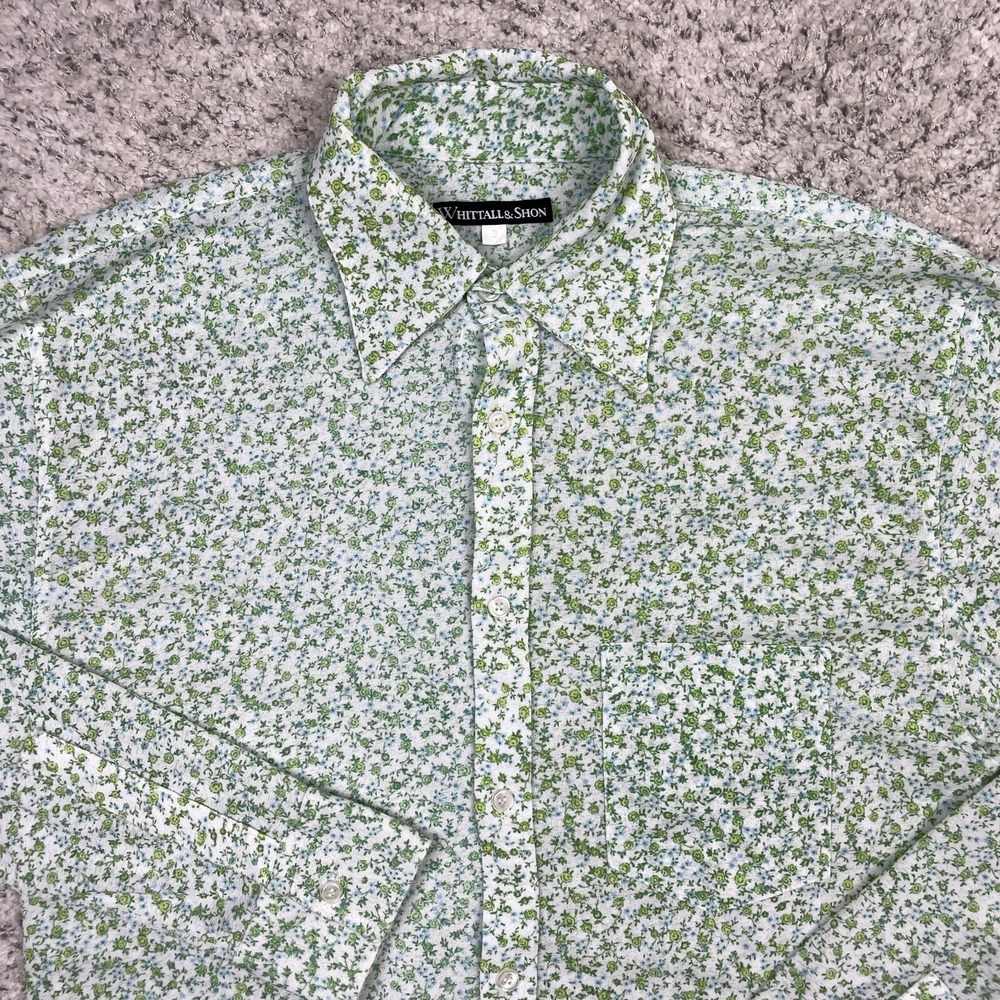 Whittall Shon Shirt Mens 3 Medium Large Green Floral Polyester Long Sleeve Dress